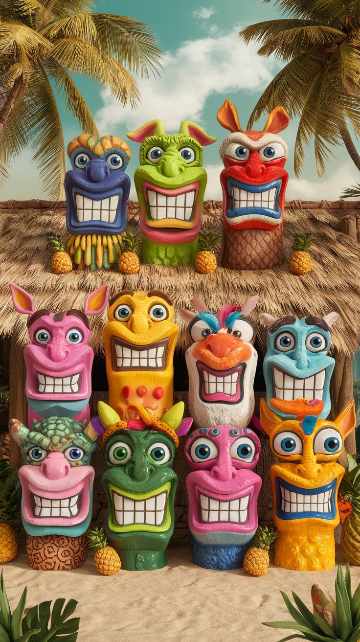 Colorful tiki faces resembling playful animals arranged in a tropical setting.