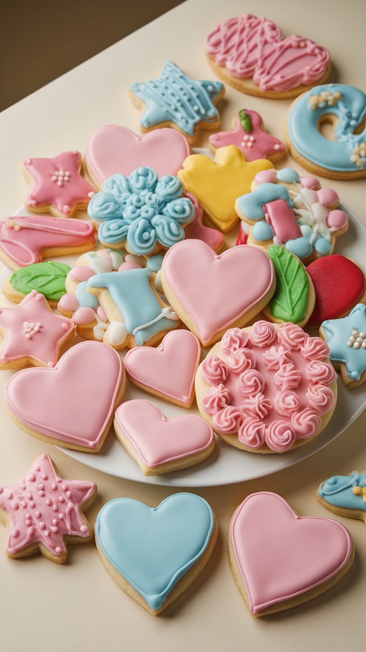 A variety of beautifully decorated Easter cookies in pastel colors, featuring hearts, stars, and flowers with intricate royal icing designs.