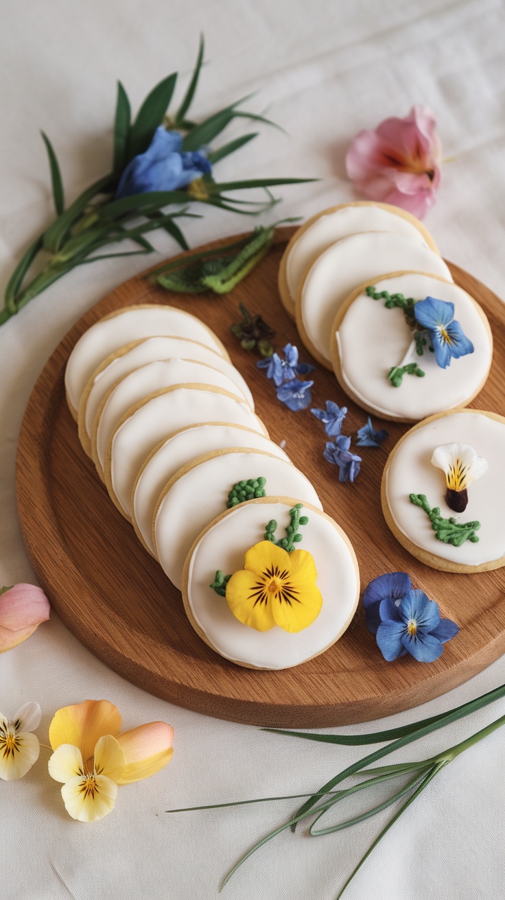 A platter of decorated sugar cookies featuring edible flowers and green icing on a wooden plate.