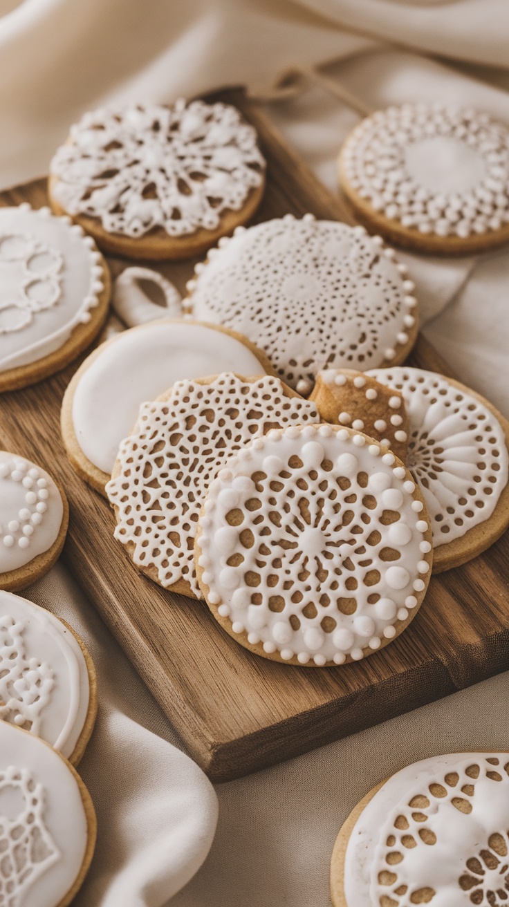 Decorated sugar cookies with intricate stencil designs.