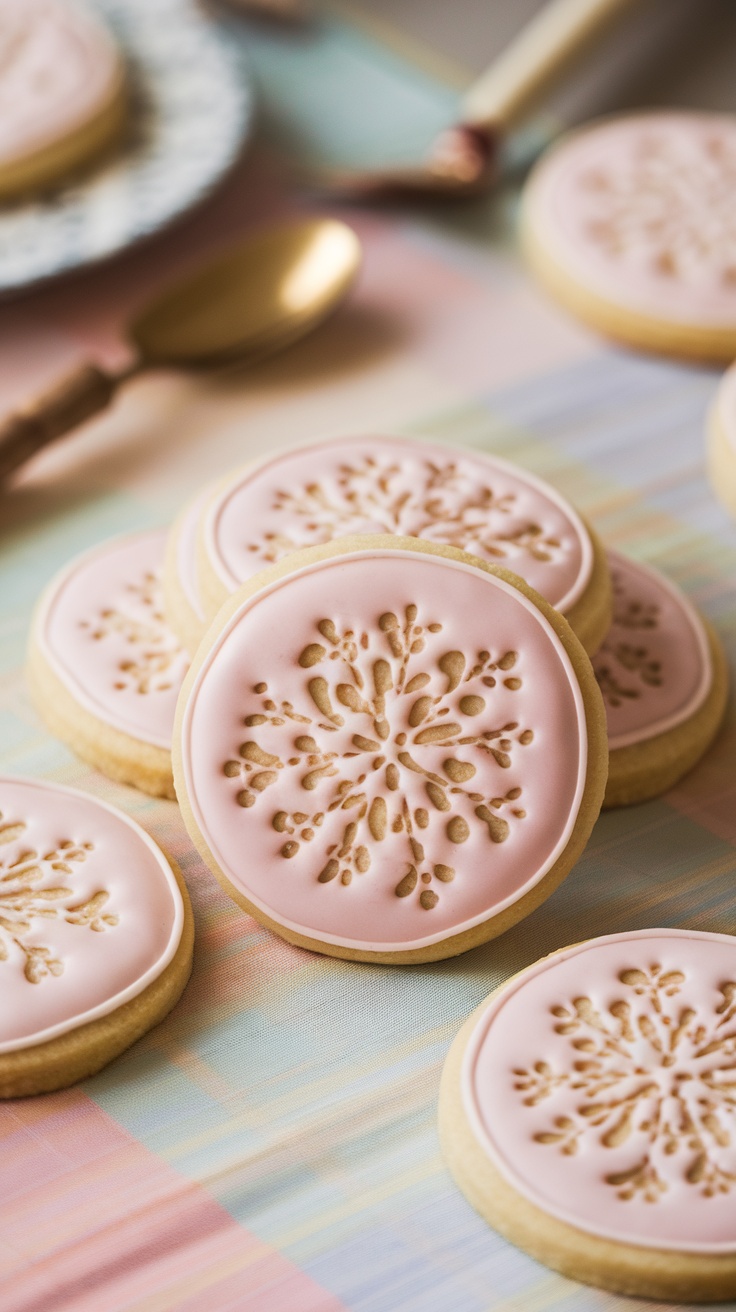 Decorated sugar cookies with a stenciled floral pattern on a pastel background.