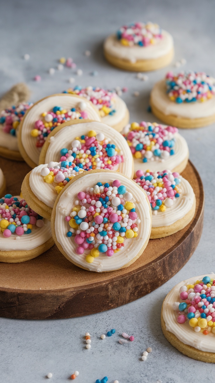 A plate of decorated sugar cookies with textured icing and colorful sprinkles for Easter.