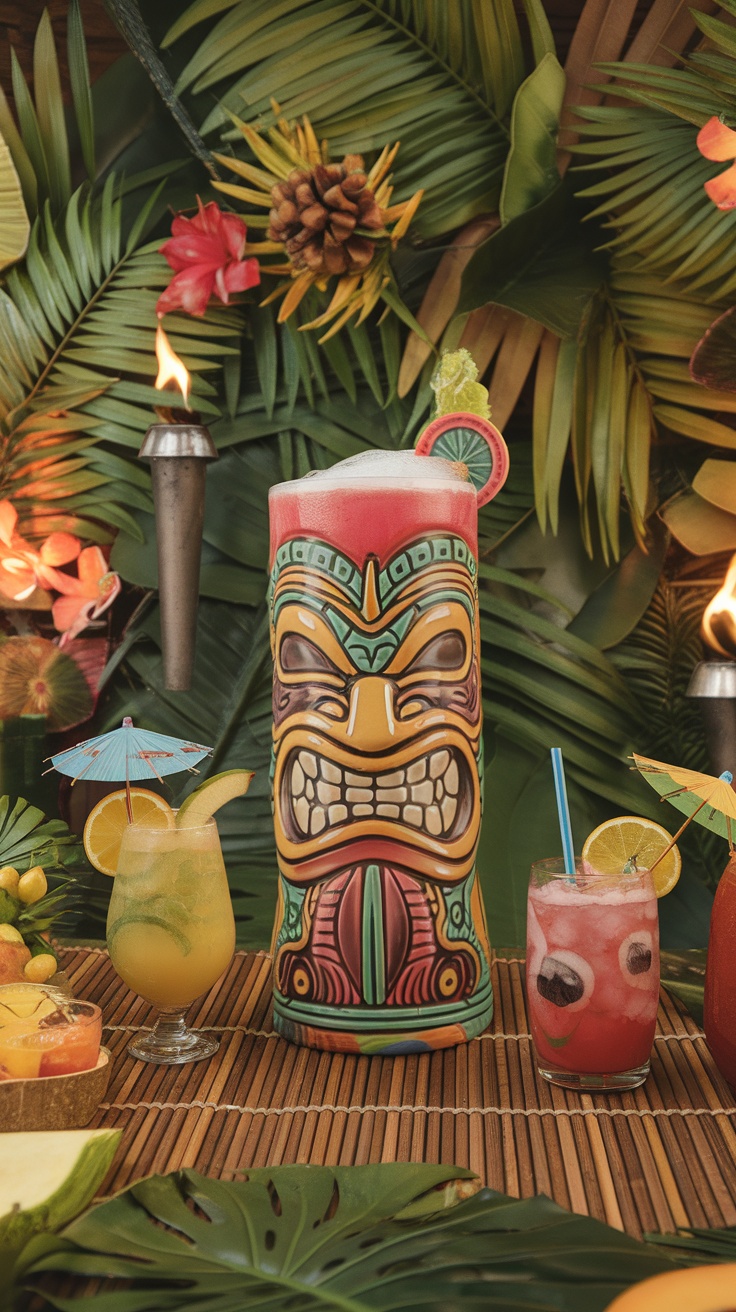 Colorful tiki drinkware on a table surrounded by tropical decor and drinks.