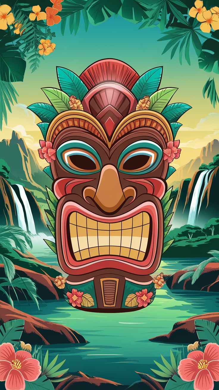 Colorful tiki spirit mask surrounded by tropical foliage and flowers.