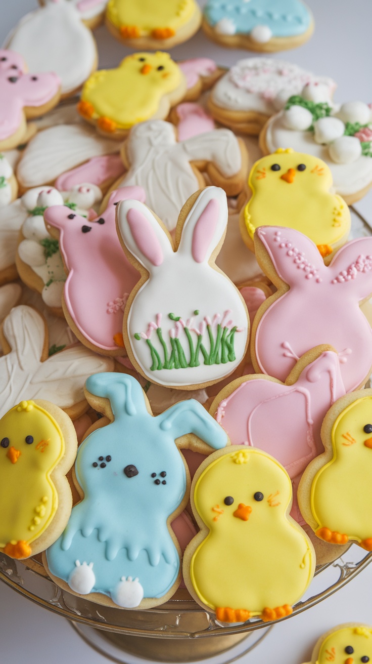 A variety of decorated Easter sugar cookies in whimsical animal shapes.