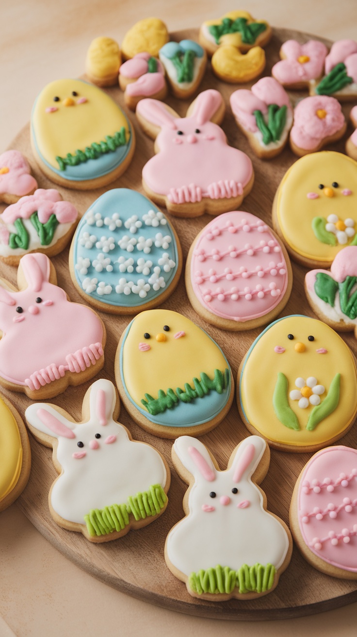 A variety of decorated Easter sugar cookies featuring bunnies, eggs, and flowers.