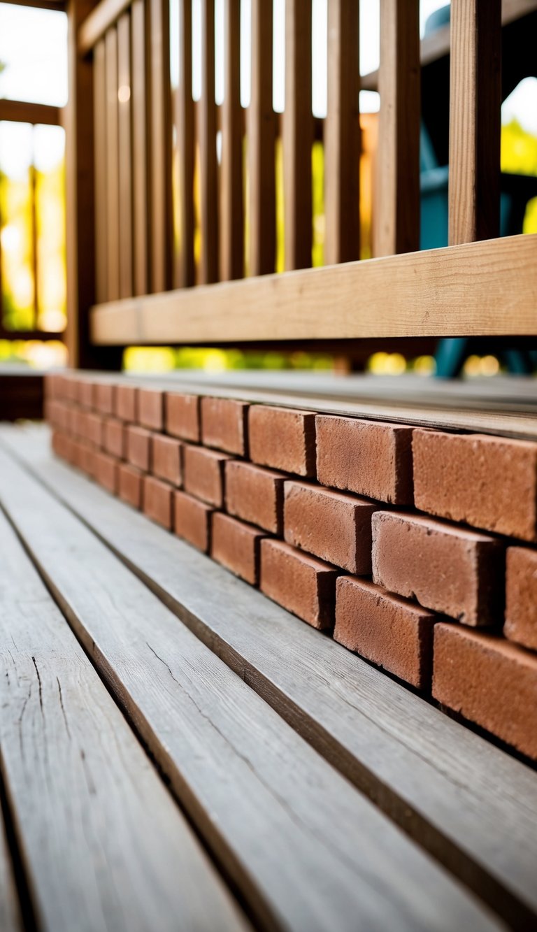 A deck with brick skirting, neatly arranged and complementing the attractive design of the outdoor space