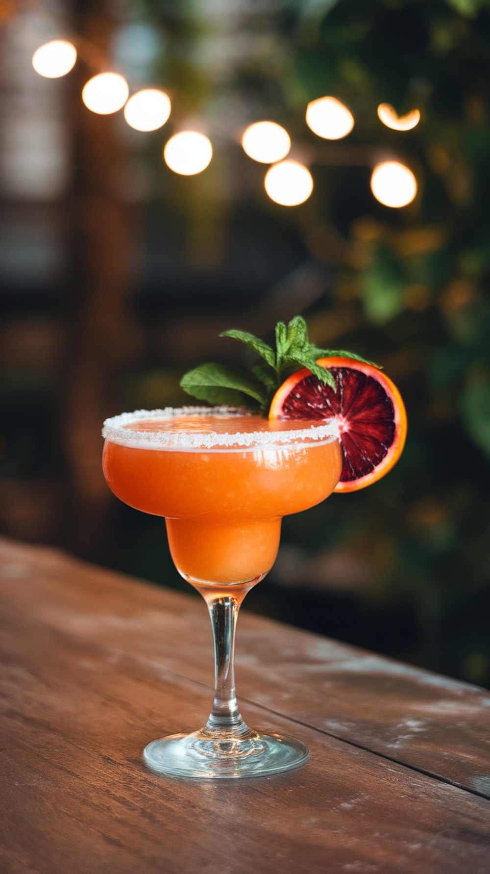 A vibrant Blood Orange Margarita served in a glass with a salted rim and garnished with mint and a slice of blood orange.
