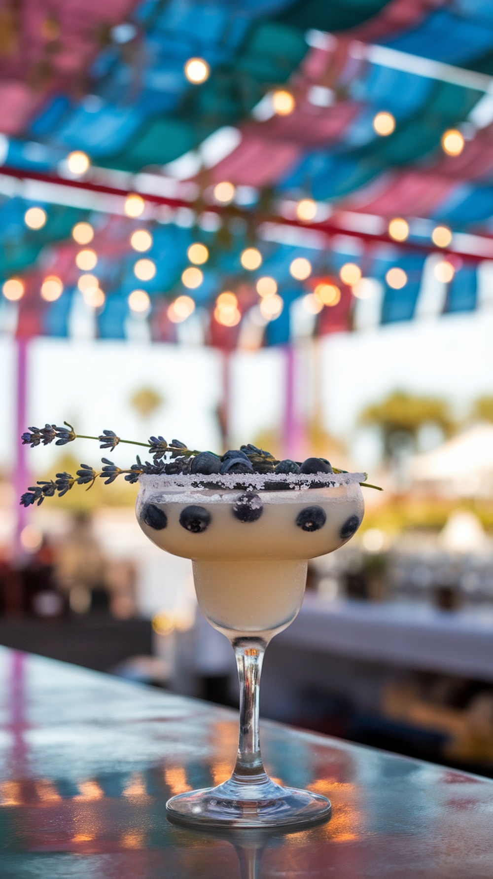 A refreshing Blueberry Lavender Margarita garnished with blueberries and lavender sprigs.