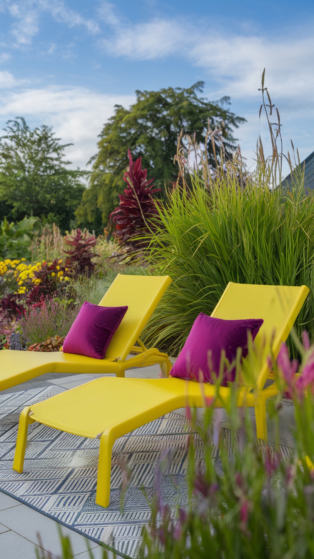 Patio featuring bright yellow loungers with deep purple cushions surrounded by colorful flowers and greenery.