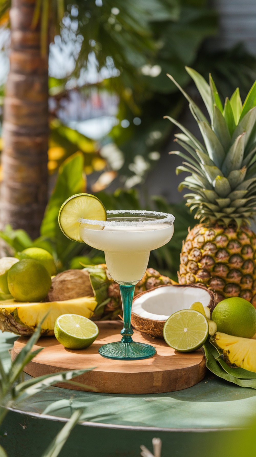 A refreshing Coconut Lime Margarita with lime garnishes and tropical elements.
