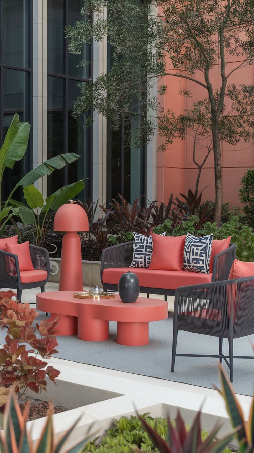 An outdoor patio featuring coral and charcoal furniture, with plants in the background.