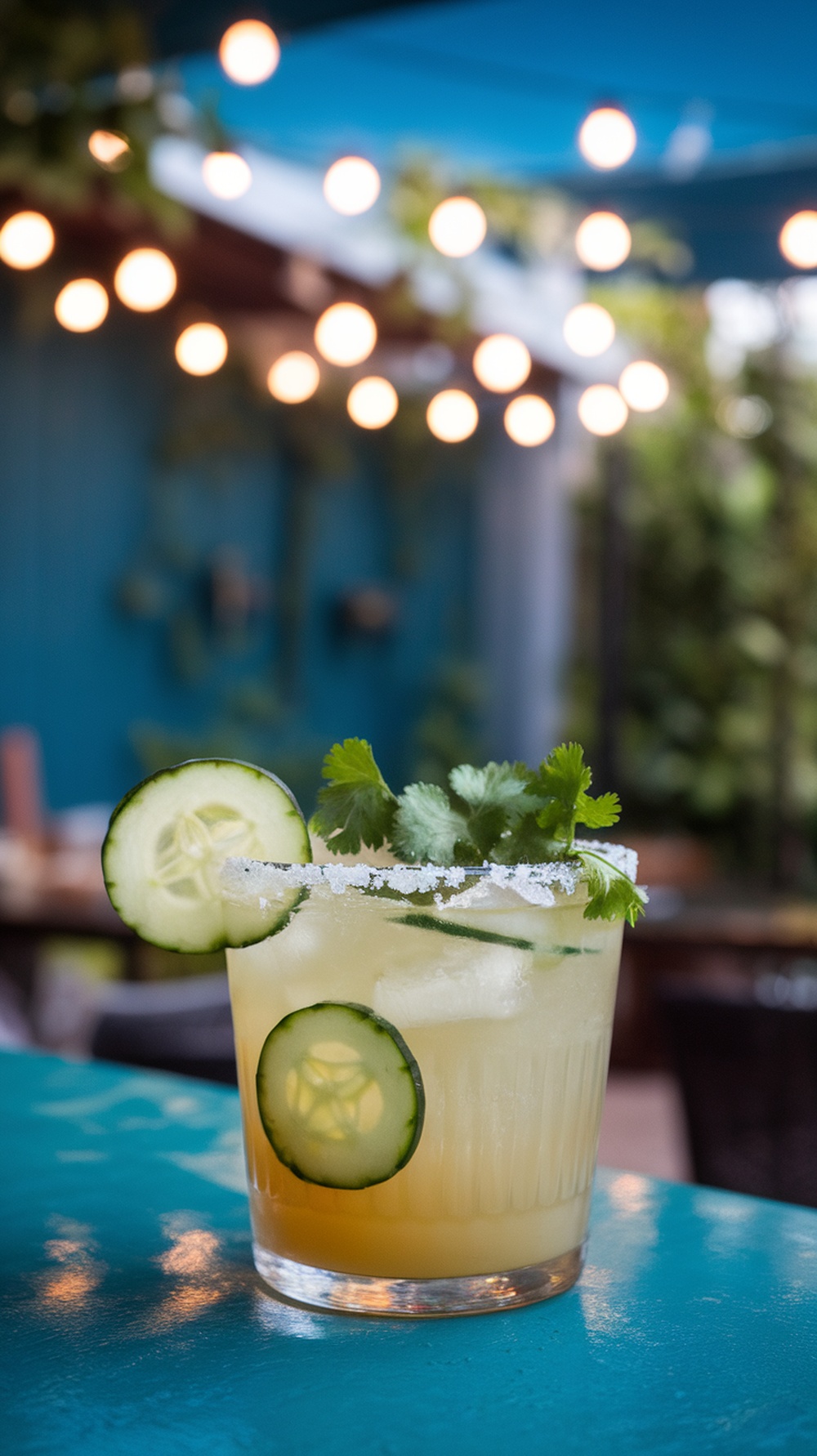A refreshing Cucumber Cilantro Margarita with cucumber slices and cilantro garnish.