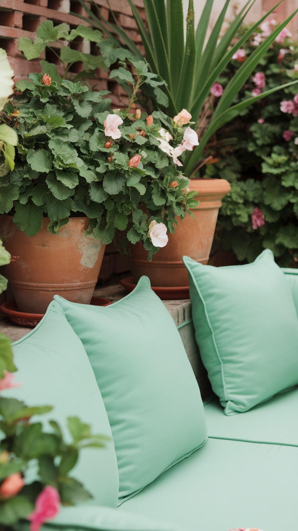 Terracotta pots with flowers and mint-colored cushions on a patio