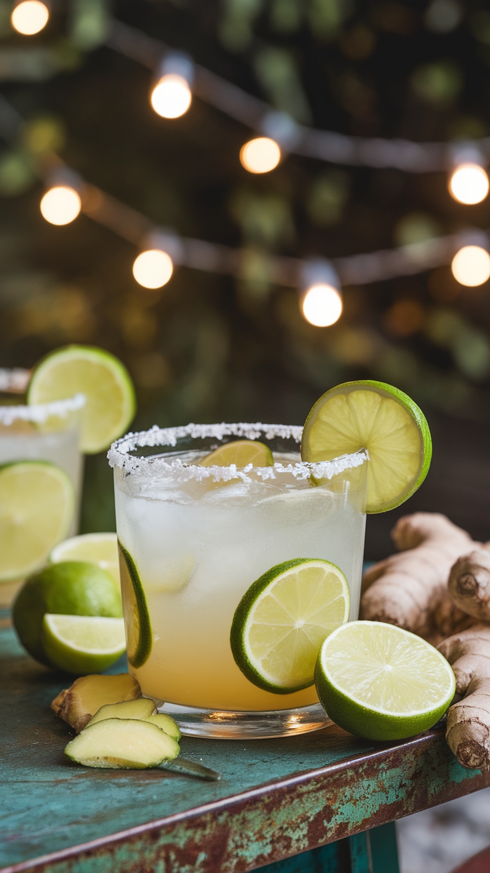 Ginger Lime Margarita served in a glass with lime slices and ginger