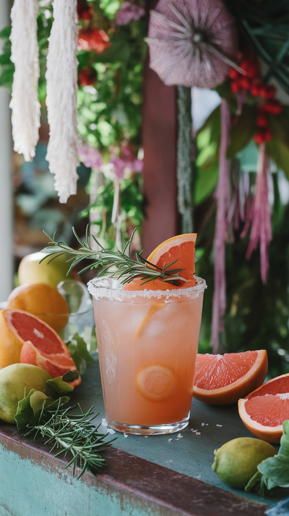 A refreshing grapefruit and rosemary margarita served in a glass with ice and garnished with a grapefruit slice and rosemary sprig