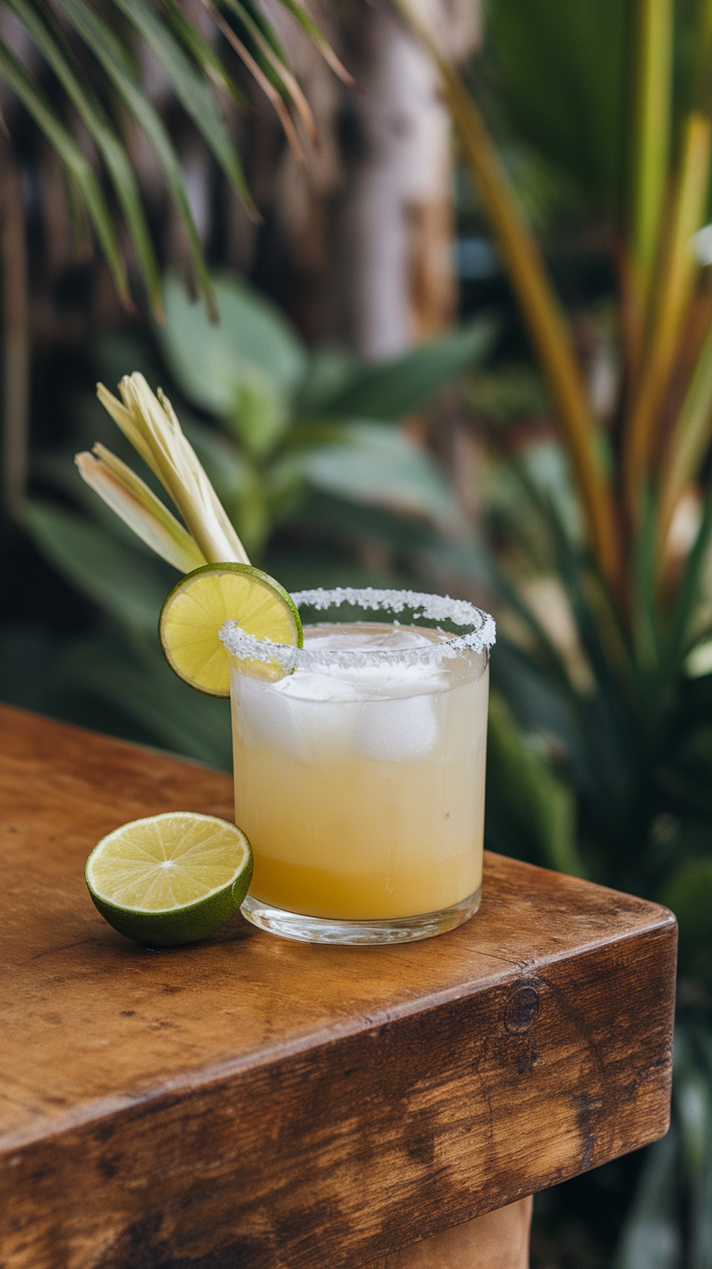 A refreshing Lemongrass Coconut Margarita served in a glass with a salted rim, garnished with lime and lemongrass.