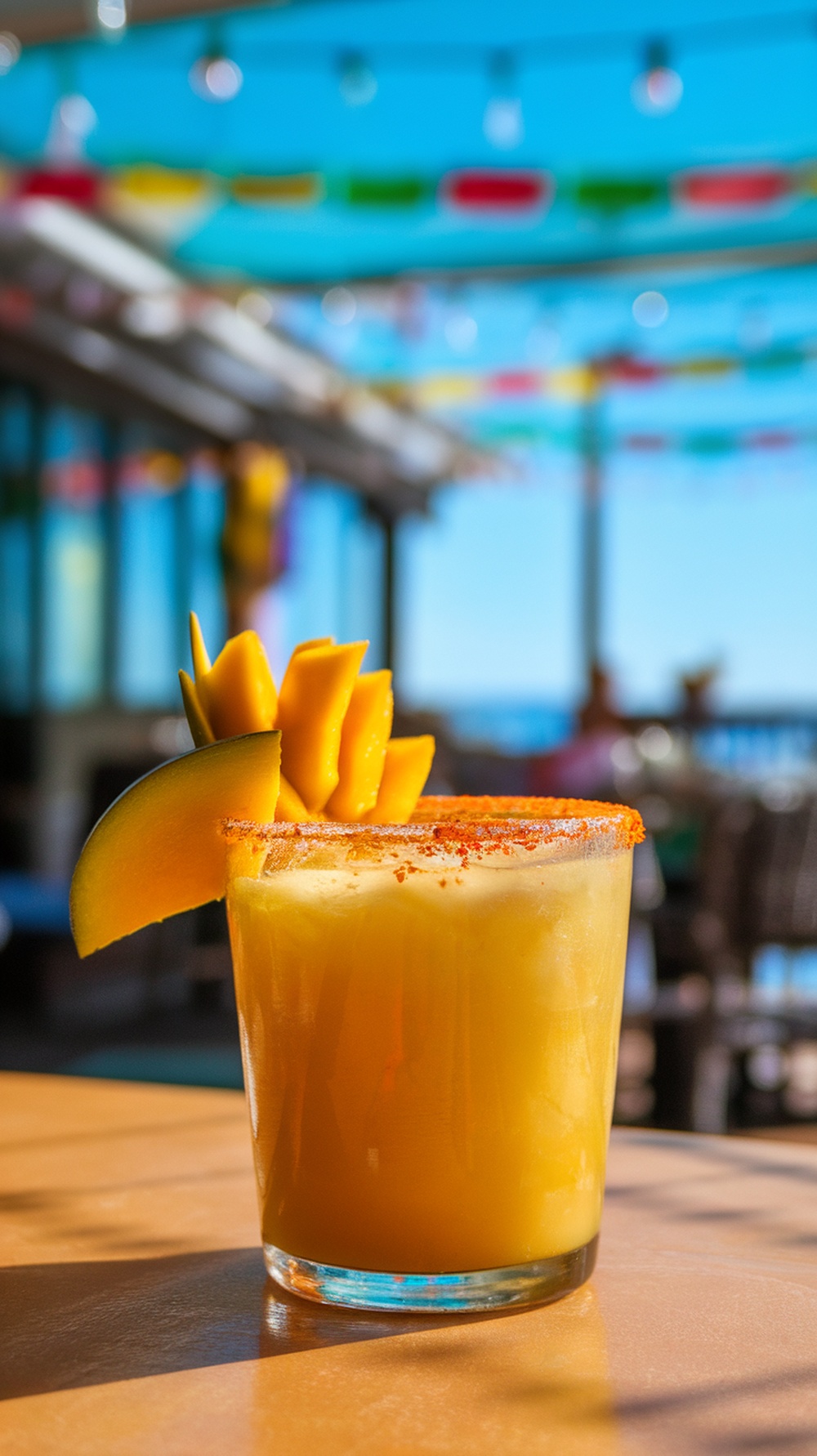 A vibrant Mango Chili Margarita garnished with mango slices, served in a glass with a chili powder rim.