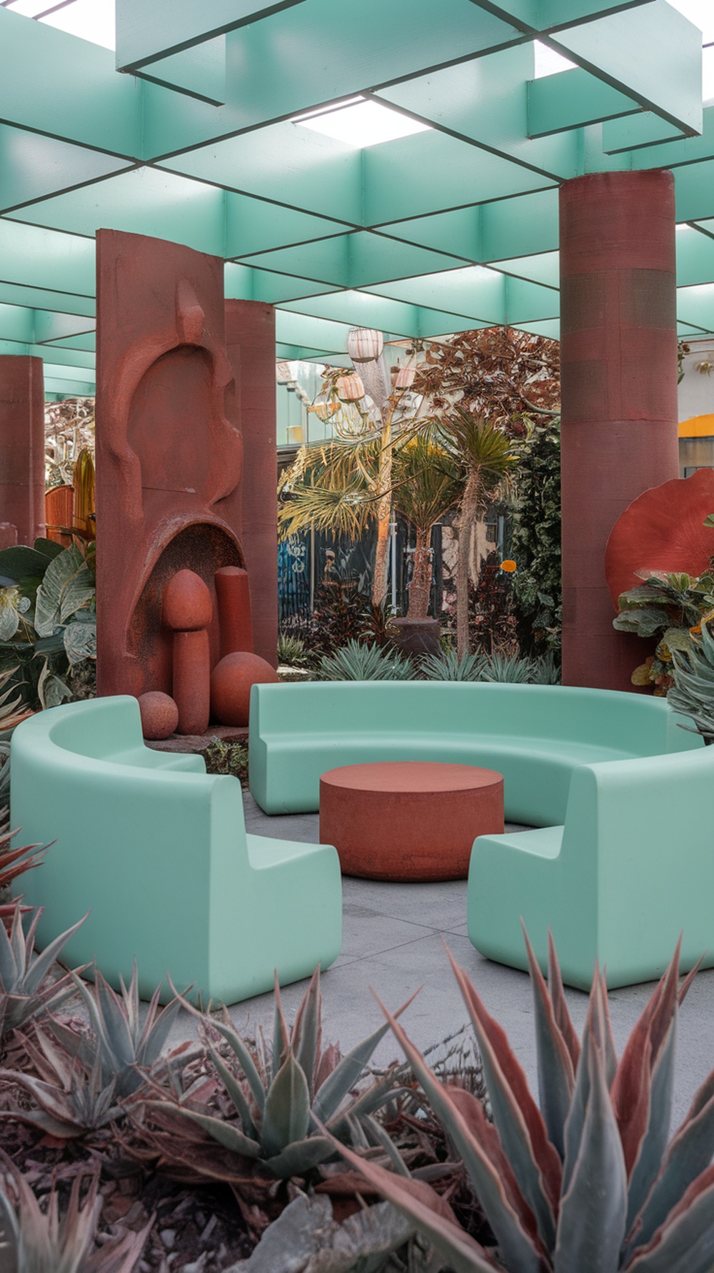 Mint green and rusty red outdoor patio decor with modern seating and lush greenery