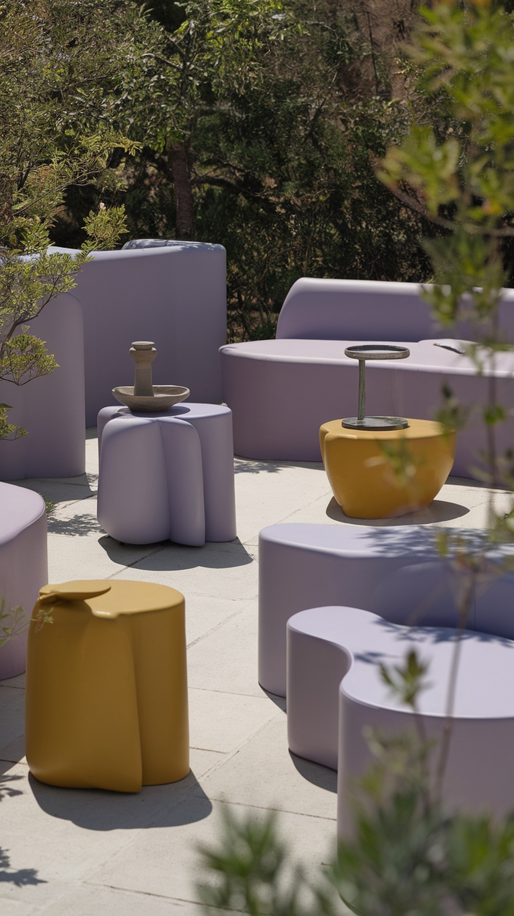 A modern outdoor patio featuring muted lavender and mustard colored furniture with a natural backdrop.