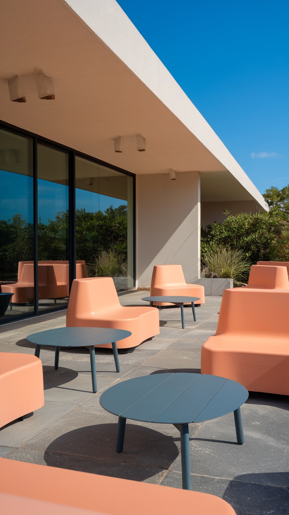 A modern outdoor patio with peach-colored seating and slate gray tables under a blue sky.