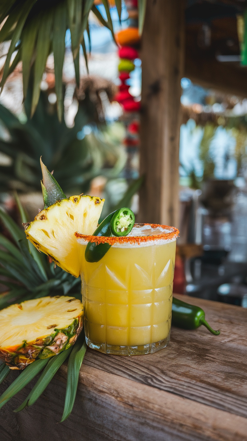 A refreshing Pineapple Jalapeño Margarita served in a glass with a salted rim, garnished with fresh pineapple and jalapeño slices.