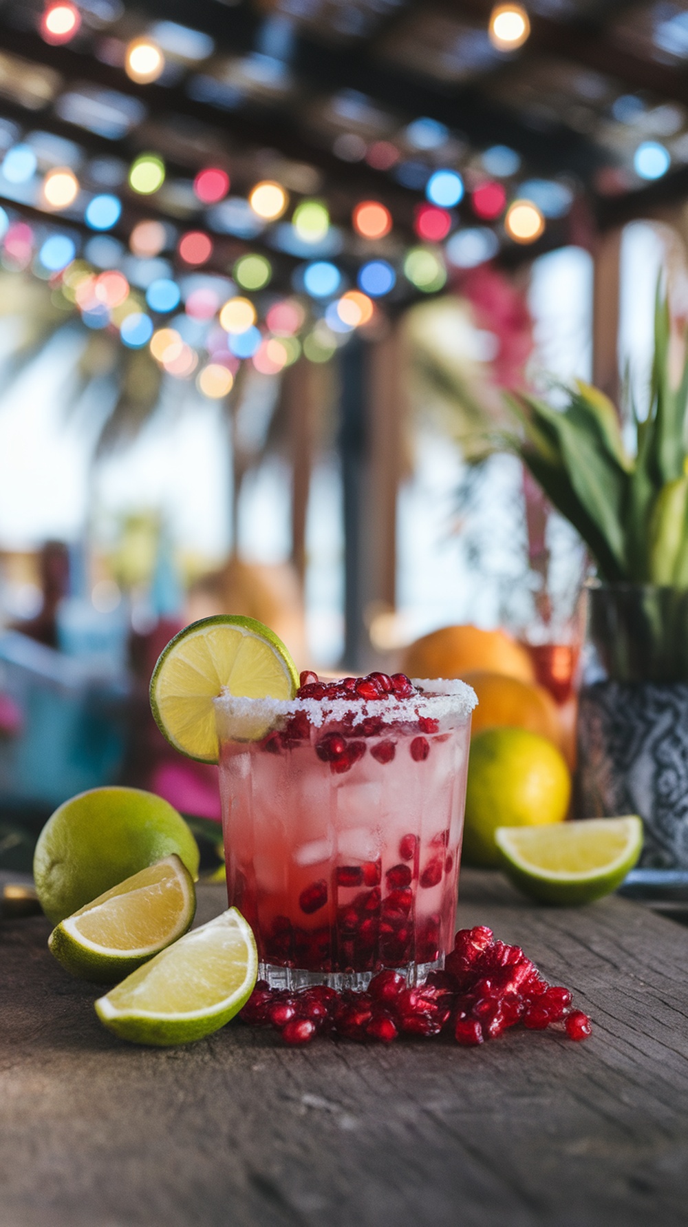 A colorful Pomegranate Citrus Margarita garnished with lime slices and pomegranate seeds