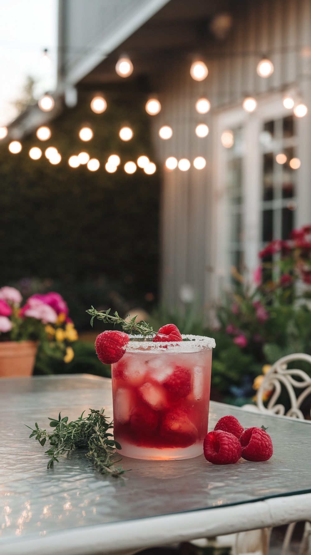 A refreshing Raspberry Thyme Margarita with fresh raspberries and thyme, served in a glass.