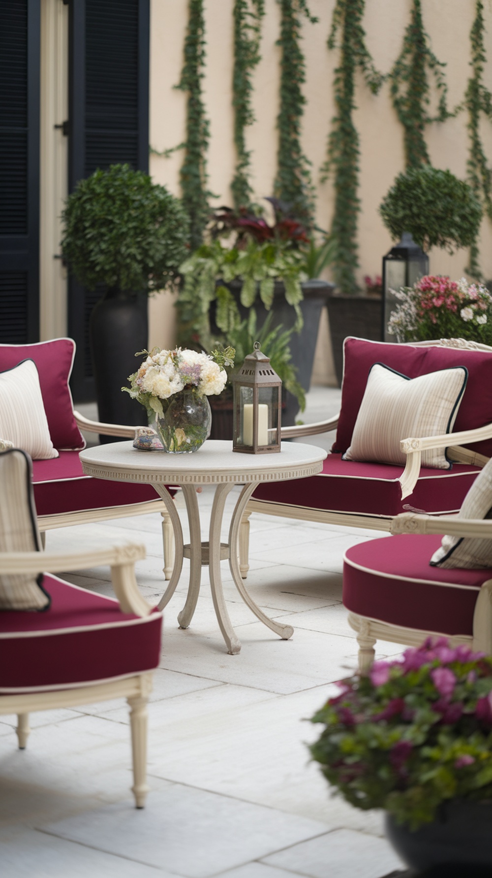 Outdoor patio with rich burgundy cushions and soft cream furniture, surrounded by greenery.