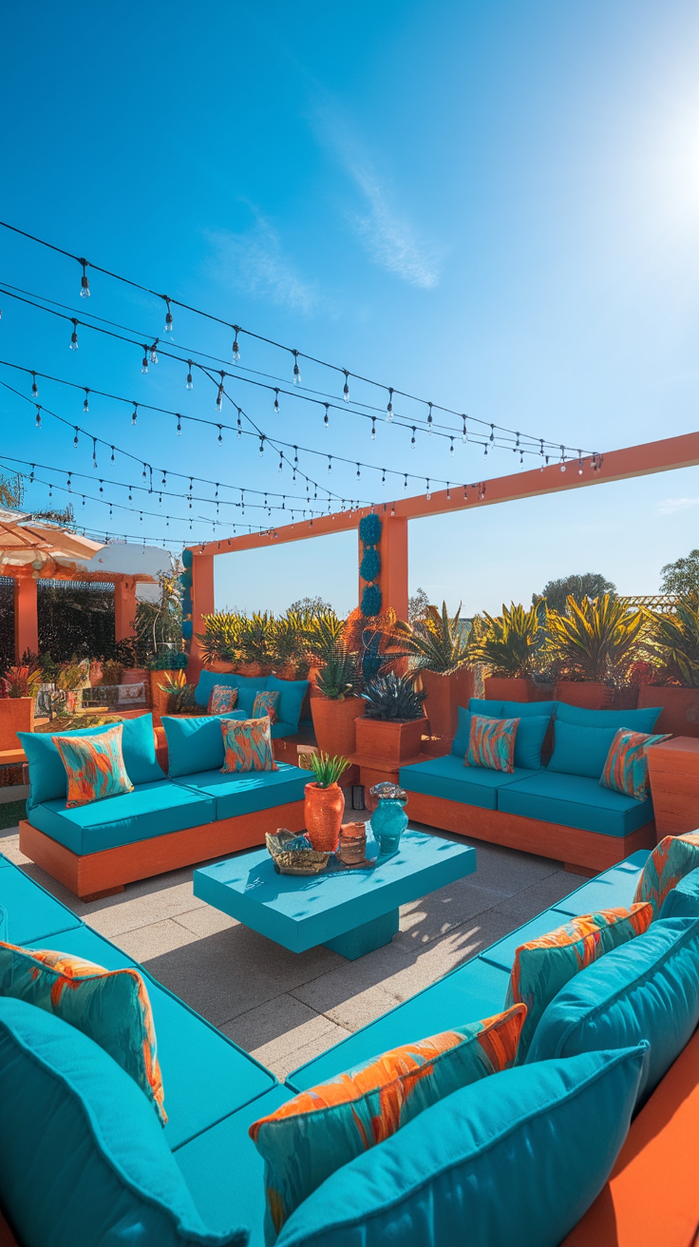 An outdoor patio decorated in teal and orange with cushions, a table, and string lights.