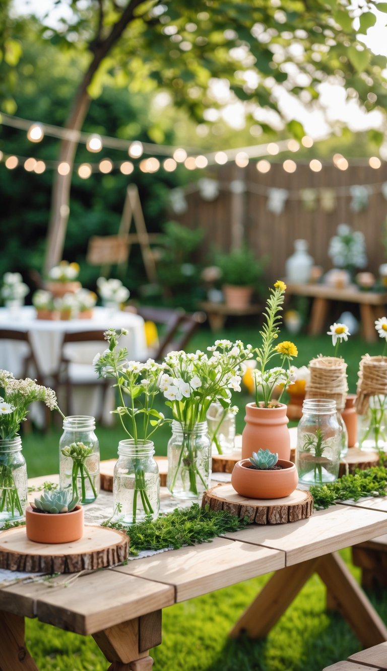 A garden party table outdoors decorated with various handmade flower arrangements and natural DIY centerpieces.