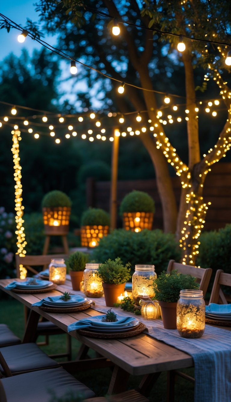 Outdoor garden party at dusk with warm mood lighting from mason jar lanterns, string lights, and paper lanterns around a wooden table set with casual dinnerware and surrounded by greenery.