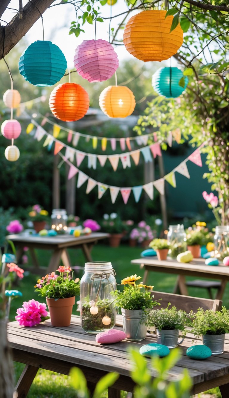 Outdoor garden party decorated with handmade lanterns, fairy lights, potted plants, fabric bunting, and painted rocks among greenery and flowers.