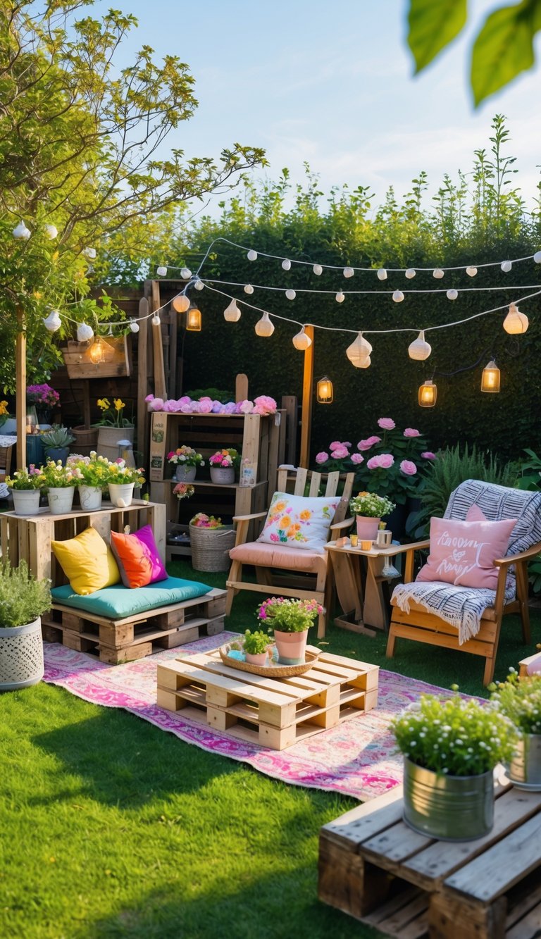 Outdoor garden party with upcycled seating made from wooden crates and pallets, decorated with cushions, blankets, string lights, and potted plants.