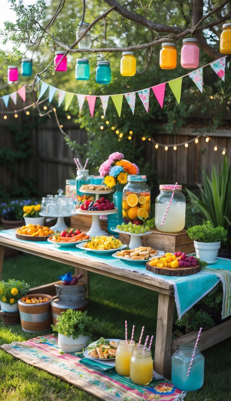 Backyard garden party buffet and drinks display with colorful DIY decorations, fresh food, and beverages on a rustic wooden table surrounded by plants and string lights.