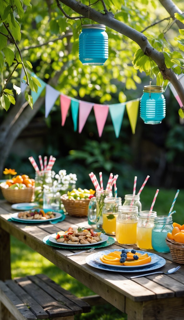 An outdoor garden party table with homemade decorations and creatively presented food and drinks surrounded by green plants.