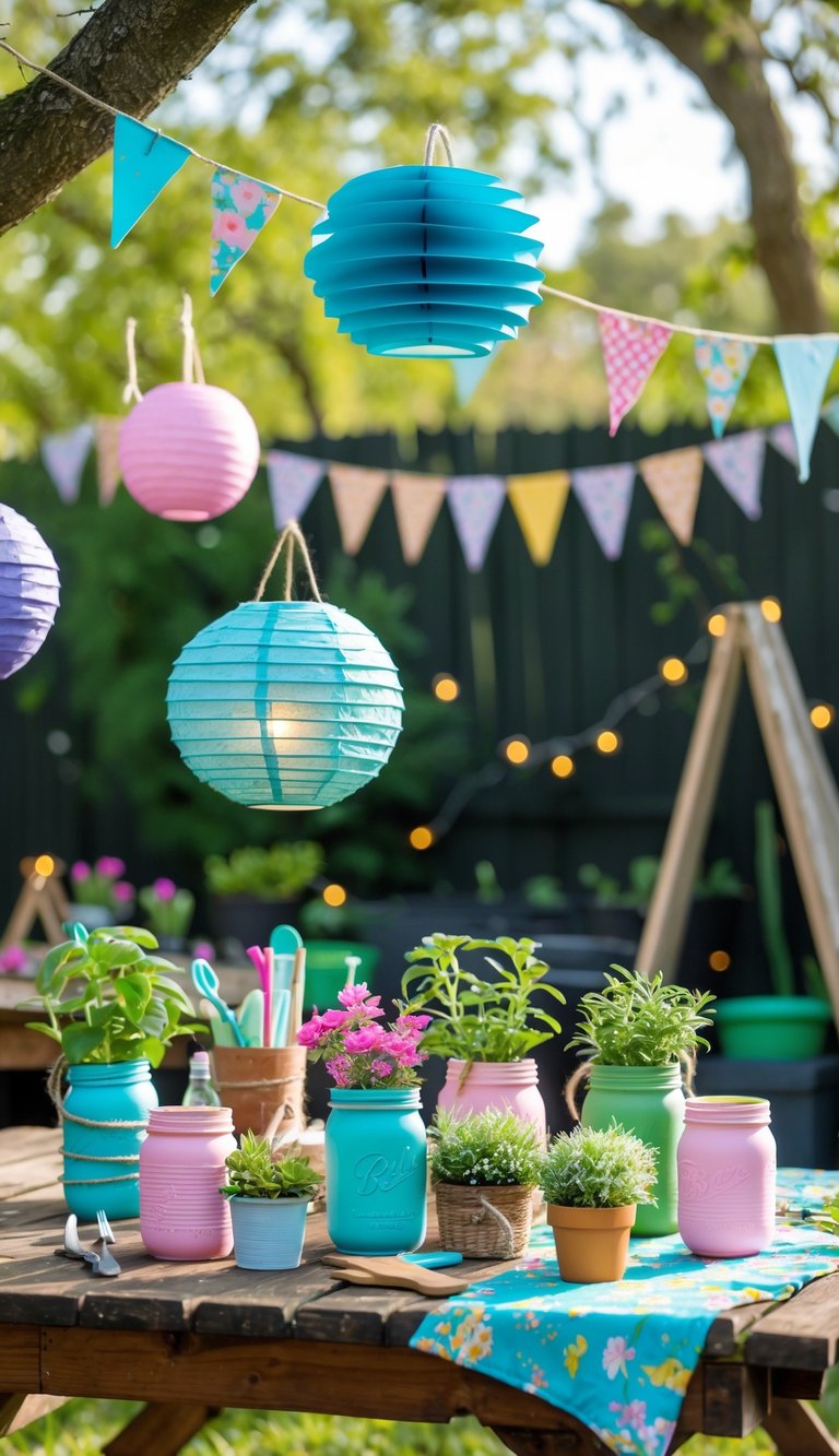 Outdoor garden party table decorated with colorful handmade lanterns, mason jar candles, potted plants, and fabric bunting under string lights.