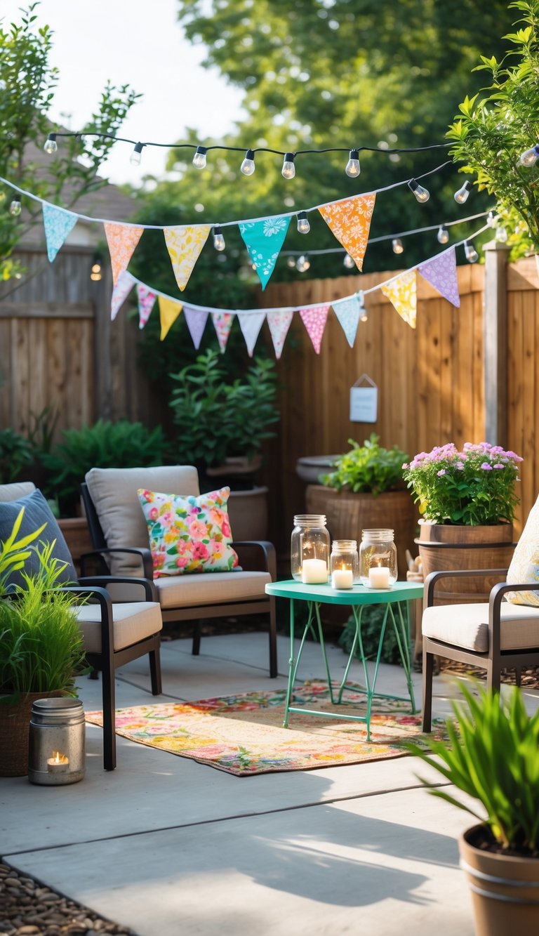 Outdoor patio decorated with DIY garden party decorations including lanterns, bunting, potted plants, and string lights.