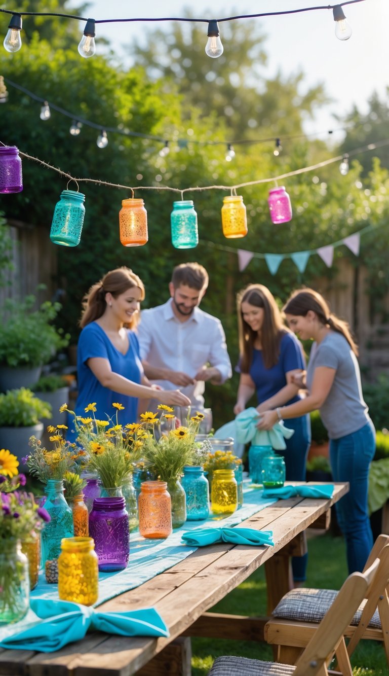 Outdoor garden party table with handmade decorations and people cleaning up using reusable items.
