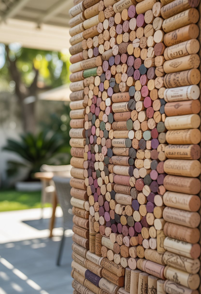 A patio wall decorated with a detailed mosaic made from upcycled wine corks, surrounded by greenery.