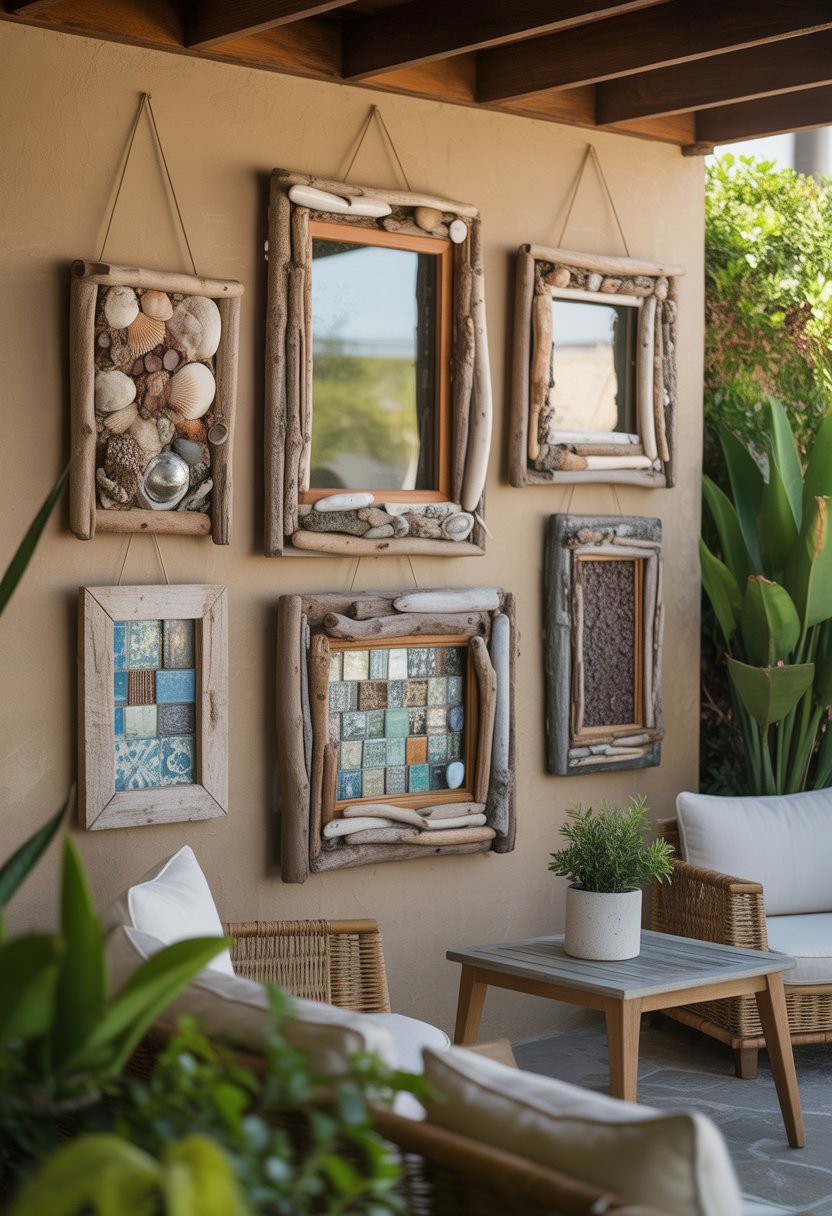 An outdoor patio wall decorated with seven unique pieces of driftwood and other natural materials turned into artistic frames, surrounded by plants and outdoor furniture.