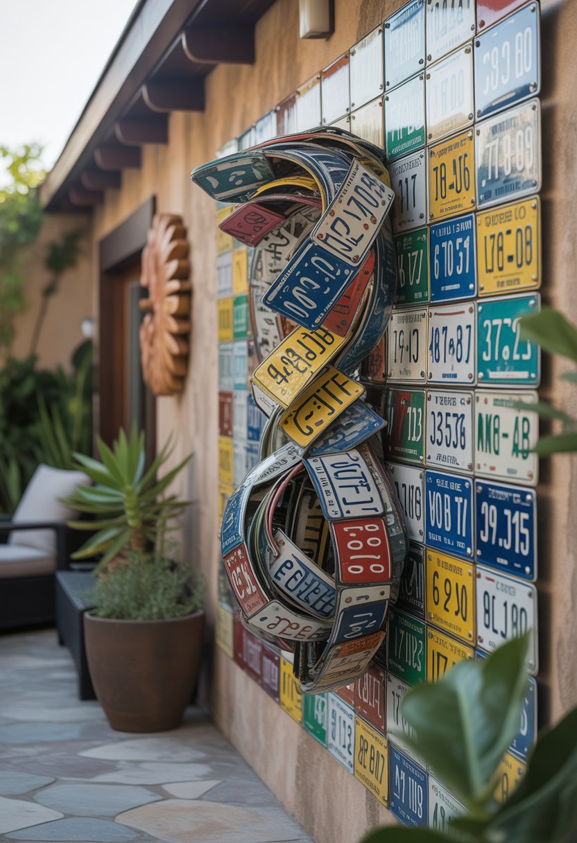 A colorful sculpture made from repurposed license plates displayed on an outdoor patio wall with plants nearby.