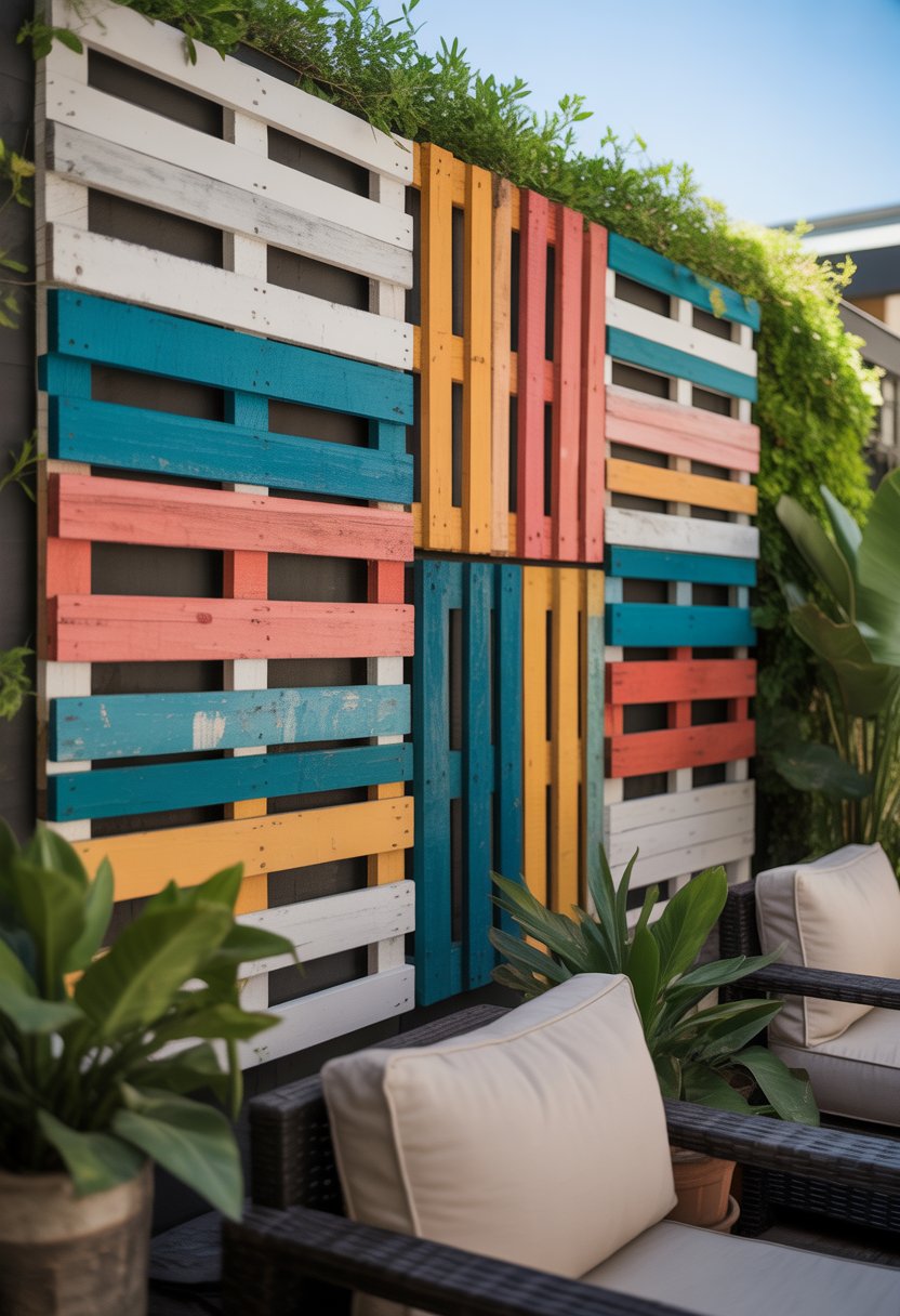 Outdoor patio wall decorated with colorful painted wood panels, surrounded by plants and outdoor furniture.