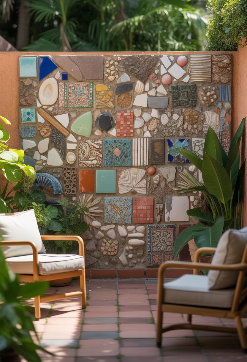 A patio wall decorated with a colorful broken tile mosaic made from various materials, surrounded by plants and outdoor furniture.