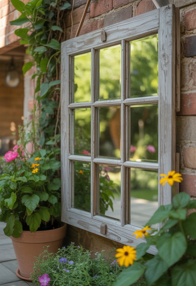 An outdoor patio wall decorated with an old window frame turned into a garden mirror reflecting plants and flowers.