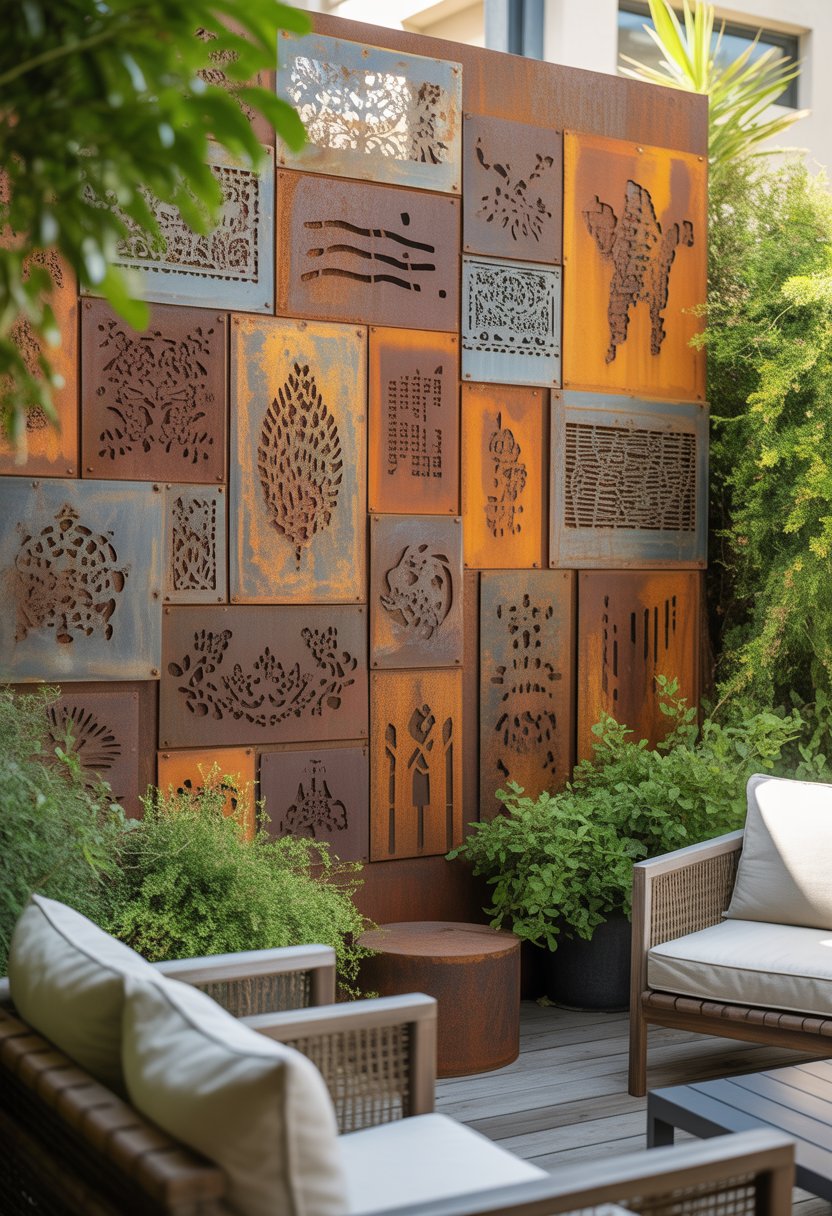 Outdoor patio wall decorated with artistic rusty metal stencil designs surrounded by plants and outdoor furniture.