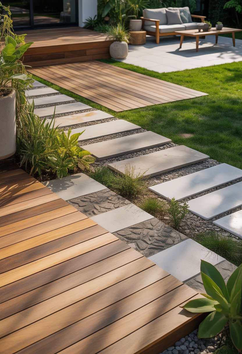 A backyard with various outdoor flooring types including wooden decking, stone pavers, concrete slabs, and gravel areas surrounded by grass and plants.