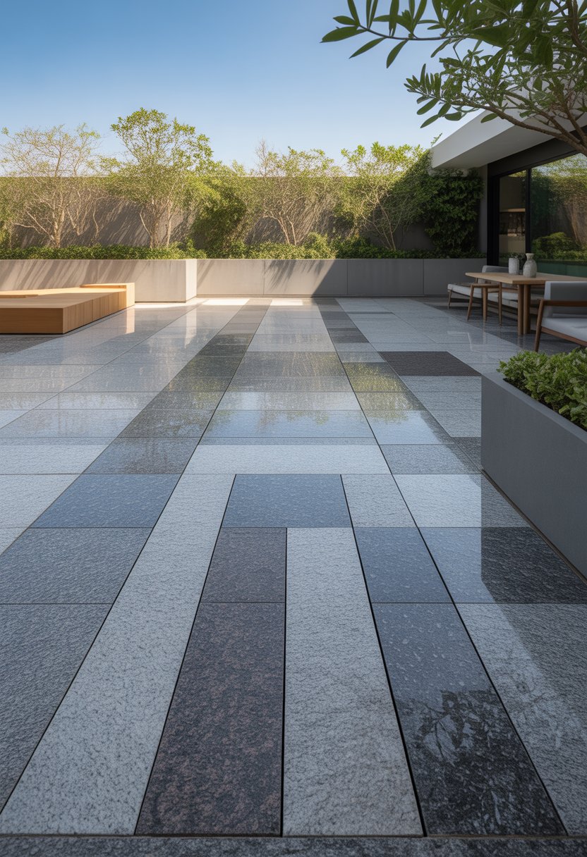 Outdoor area with polished granite flooring, green plants, and outdoor furniture under a clear sky.