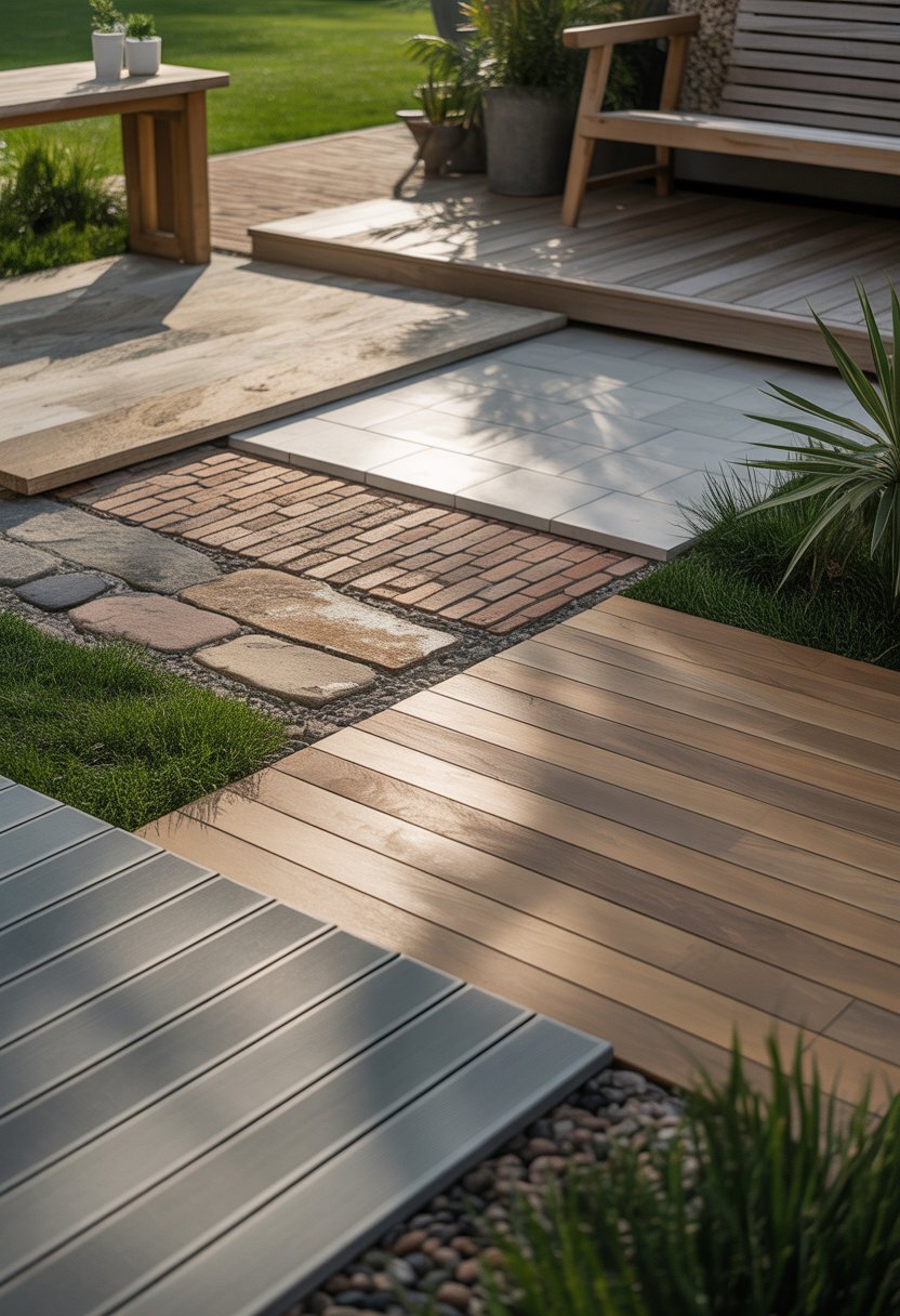 An outdoor area showing different types of flooring materials including wood decking, stone tiles, brick pavers, and composite decking surrounded by grass and plants.