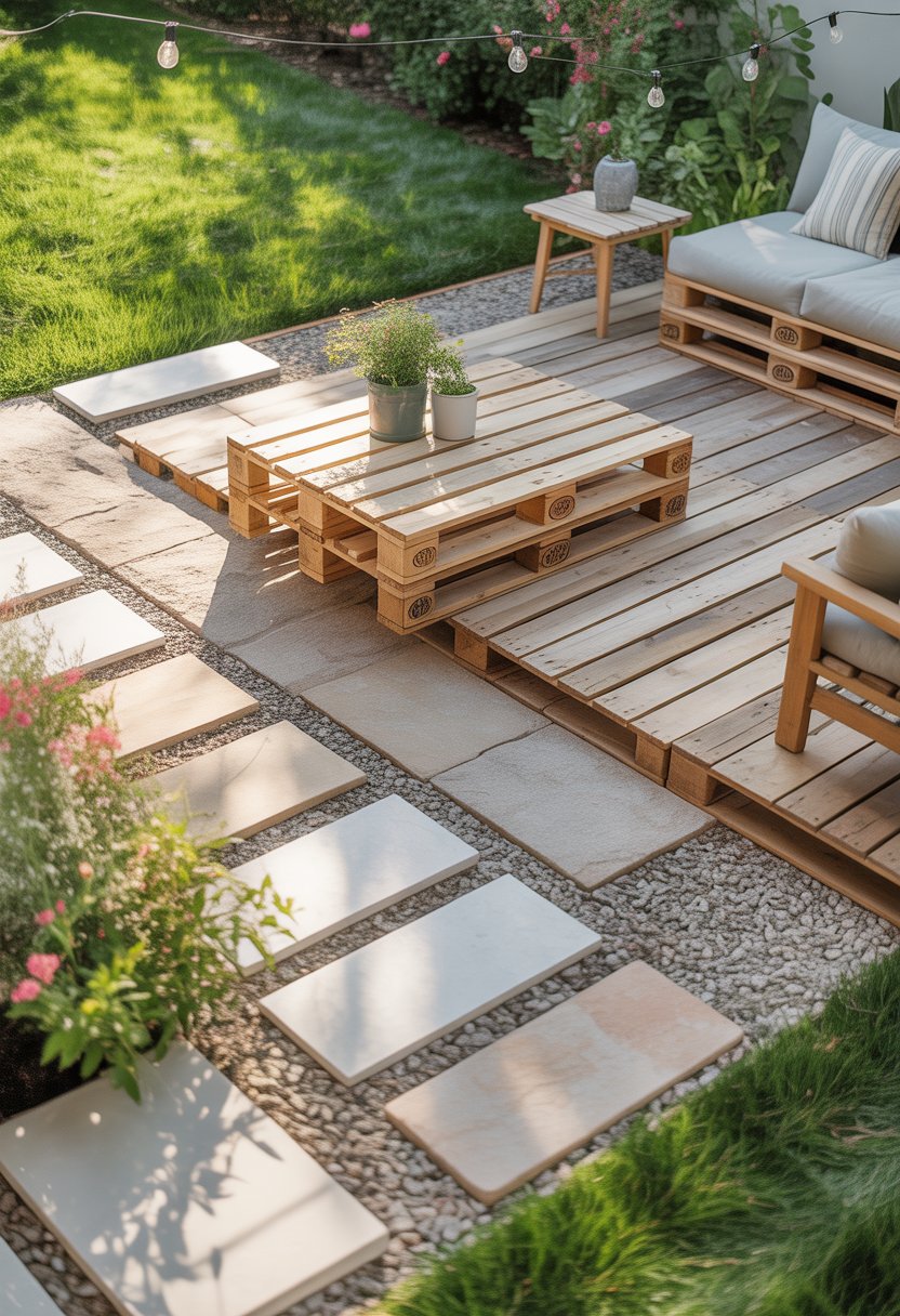 A backyard patio with wooden pallets, stone tiles, and gravel flooring surrounded by green grass and plants, featuring outdoor furniture and string lights.